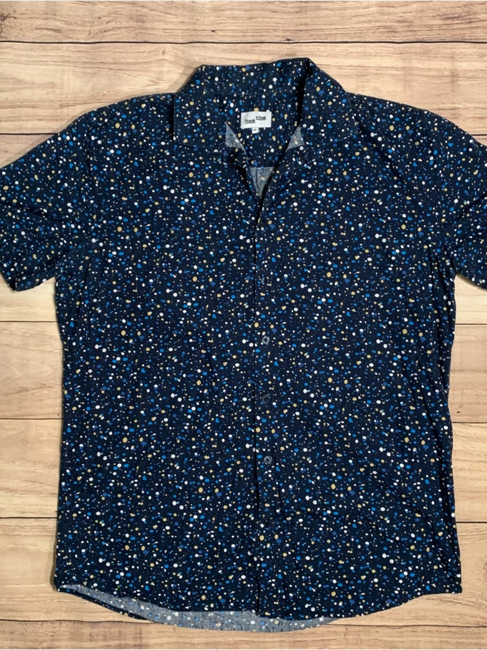 Frank & Oak Navy Short Sleeve Button Down Shirt with Blue White Yellow Dot Print
